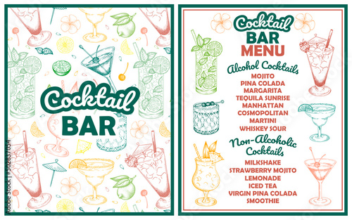 Drawing Cocktail Bar menu isolated on white background. Hand drawn Summer alcohol drinks template. Outline Pina Colada, Iced Tea, Margarita, Mojito, Martini, Milkshake. Vintage vector illustration.