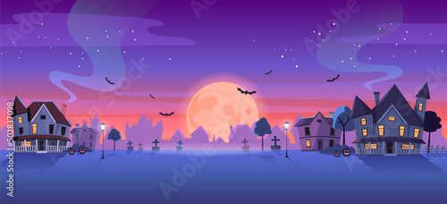 Halloween night in the small town street landscape colorful illustration