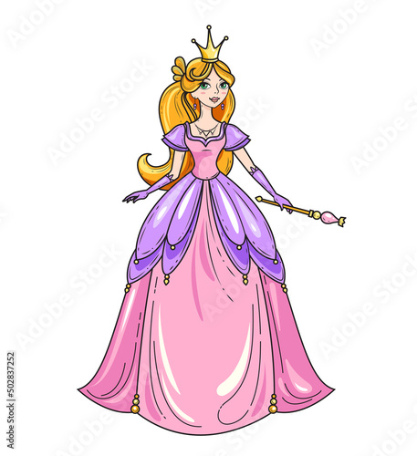 Princess standing in beautiful dress with magic wand. Charming fairy tale girl. Cartoon character colorful vector illustration. Book design element or apparel print. Black line art and color fill