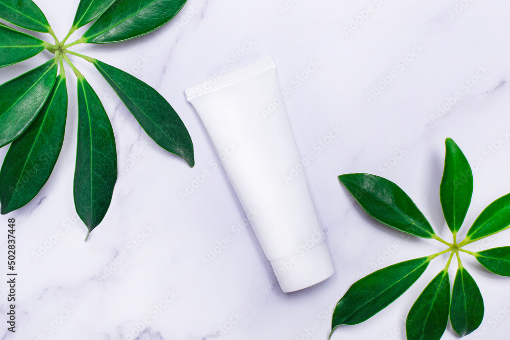 On a light background, a white tube for cream and plant leaves. View from above. Place to insert text On a light background, a white tube for cream and plant leaves. View from above. Place to insert text