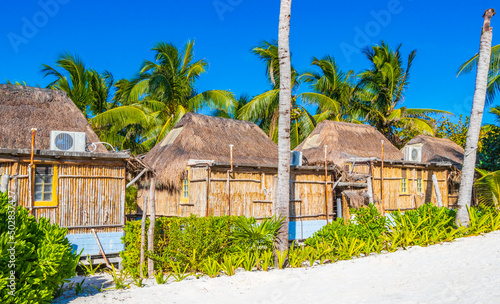 Fototapeta Naklejka Na Ścianę i Meble -  Tropical natural beach panorama palm tree Tulum Mexico.
