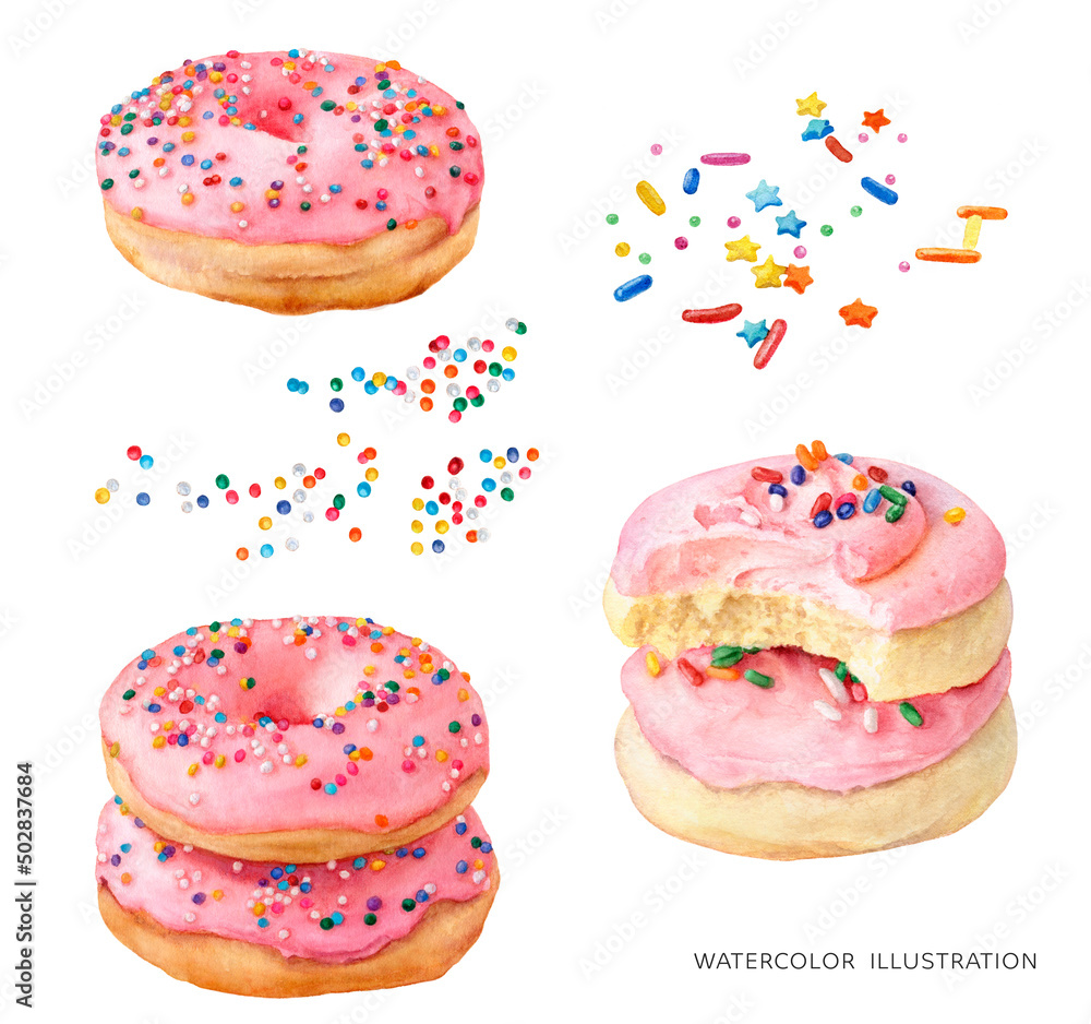Sweet desserts watercolor isolated on white background. Sugar cookies, glazed donuts, sprinkles Sweet desserts watercolor isolated on white background. Sugar cookies, glazed donuts, sprinkles