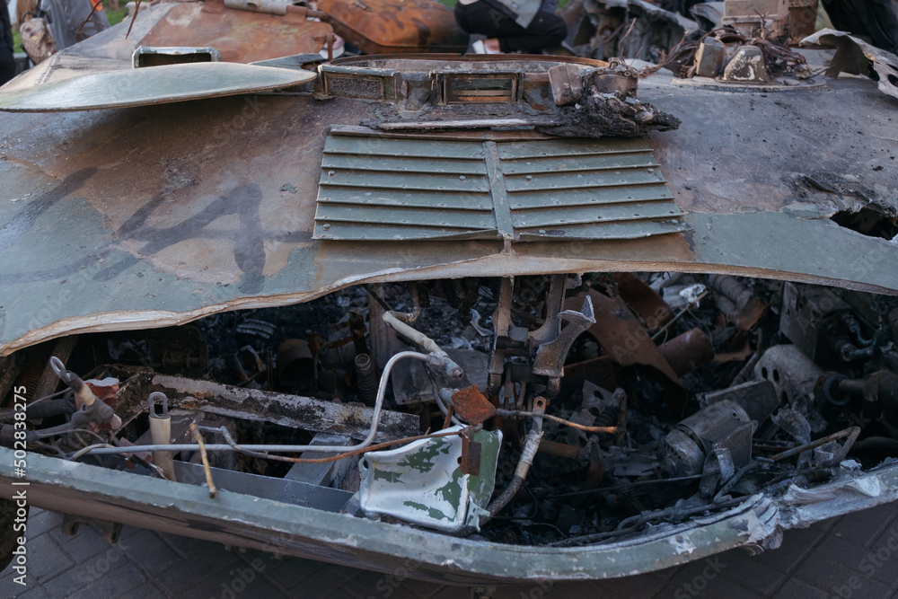 Vinnitsa. May 5.2022 Russia's war against Ukraine. Russian trophy equipment destroyed by the Ukrainian Armed Forces. destroyed engine and tank close up Vinnitsa. May 5.2022 Russia's war against Ukraine. Russian trophy equipment destroyed by the Ukrainian Armed Forces. destroyed engine and tank close up