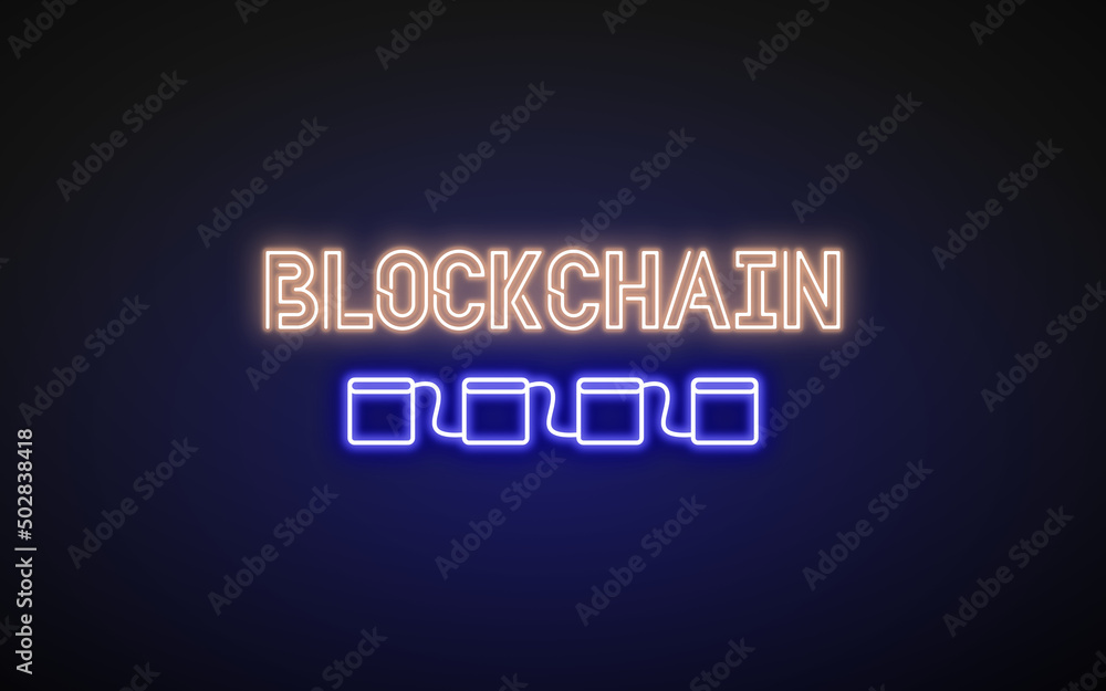 Neon sign saying 'blockchain' with an abstract illustration of a blockchain below it, blue and yellow color on a black background. Useful for corporate, consulting or motivational presentations. Neon sign saying 'blockchain' with an abstract illustration of a blockchain below it, blue and yellow color on a black background. Useful for corporate, consulting or motivational presentations.