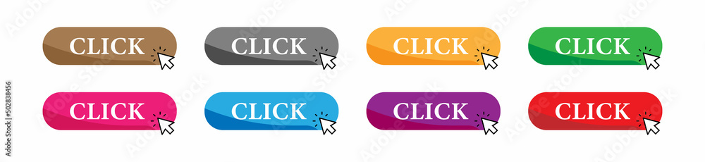 Button icon, click on web button with cursor. Button pointer. Button for website and internet. Illustration and design element of web buttons in different colors. Vector Button icon, click on web button with cursor. Button pointer. Button for website and internet. Illustration and design element of web buttons in different colors. Vector
