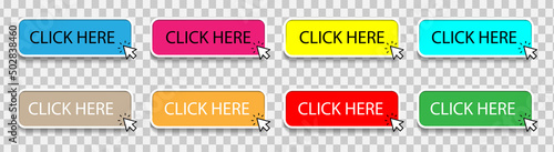 Button icon, click on web button with cursor. Button pointer. Button for website and internet. Illustration and design element of web buttons in different colors. Vector
