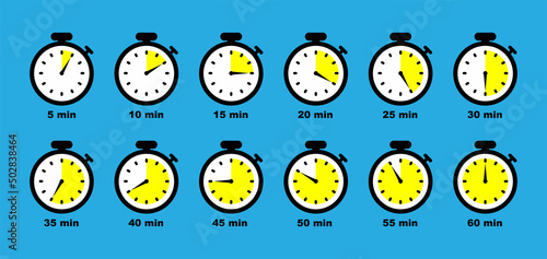 Clock set and timer for time and tamer, hours minutes and seconds. Illustration of chronometer and time. Countdown time and clock icon. Round design and clock symbol and blue background. Vector