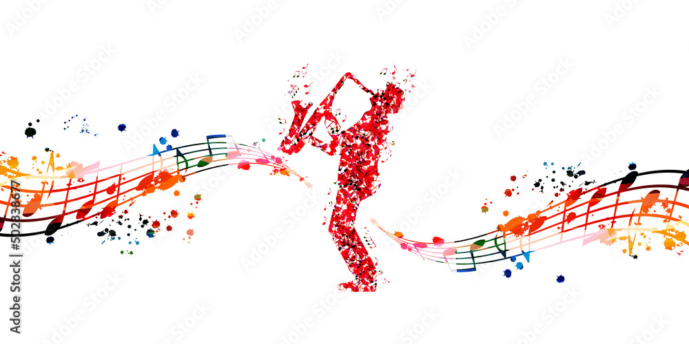 Man playing saxophone made of musical notes. Red musical notes saxophonist with musical staff vector illustration design for live concert events, music festivals and shows posters, party flyers	 - obrazy, fototapety, plakaty 