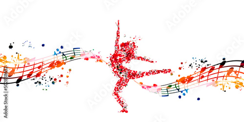 Woman dancing made of musical notes. Red musical notes dancer performer with musical staff vector illustration design	