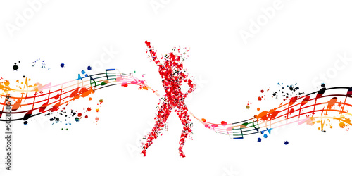 Woman dancing made of musical notes. Red musical notes dancer performer with musical staff vector illustration design	