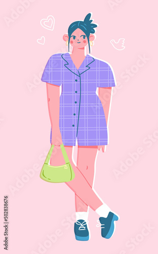 Cute girl in styllish modern outfit. Vector illustration of a young woman wearing a checkered dress. Trendy female fashion concept in colorful flat style.