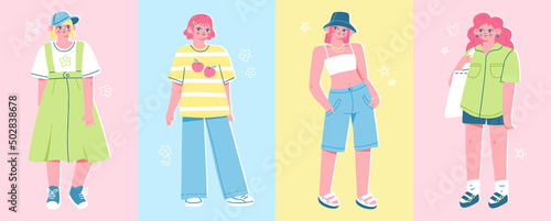 Set of cute girls in stylish modern outfits. Vector illustration of young women wearing fashionable casual clothes. Trendy female fashion concept in colorful flat style.