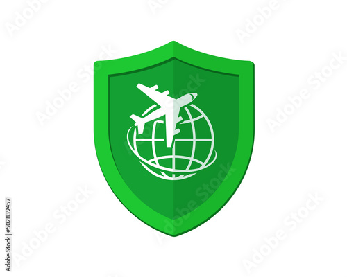 Airplane with globe on green shield. Travel insurance concept. Safe flight by plane badge concept. Jet trip protection symbol. Safety aircraft journey vector isolated eps sign
