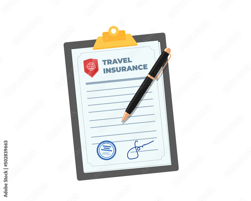 Travel insurance policy on clipboard with pen. Safe flight by plane and signed contract protection tourist life and property. Indemnification document in traveler trip accident. Safety journey icon Travel insurance policy on clipboard with pen. Safe flight by plane and signed contract protection tourist life and property. Indemnification document in traveler trip accident. Safety journey icon