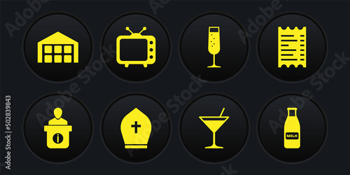 Set Information desk, Paper financial check, Pope hat, Martini glass, Glass of champagne and Television tv icon. Vector