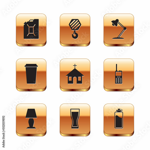 Set Canister for gasoline, Table lamp, Glass of beer, Church building, Coffee cup and icon. Vector