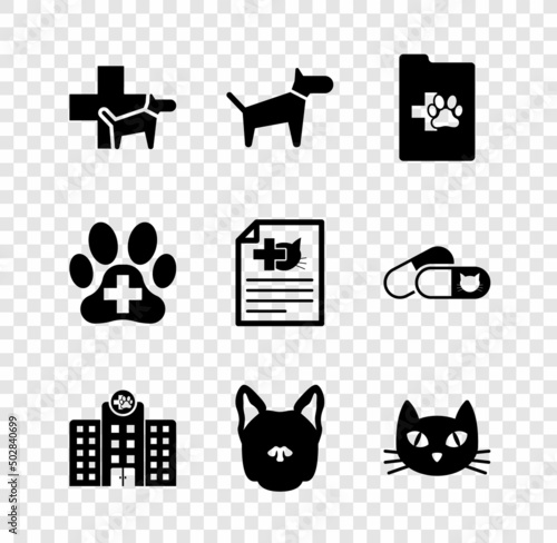 Set Veterinary clinic, Dog, Clinical record pet, medicine hospital, and Cat icon. Vector