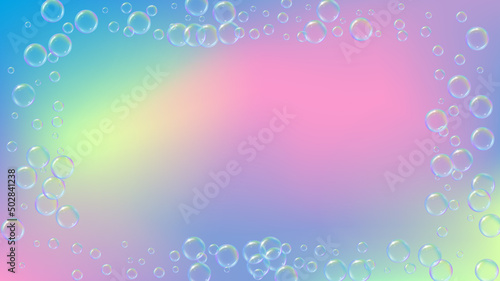 Cleaning foam. Soap bubble. Detergent suds for bath. Shampoo. 3d vector illustration poster. Aqua fizz and splash. Realistic water frame and border. Rainbow colorful liquid cleaning foam.