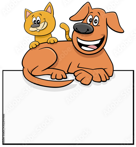 cartoon dog and cat with blank card or board graphic design