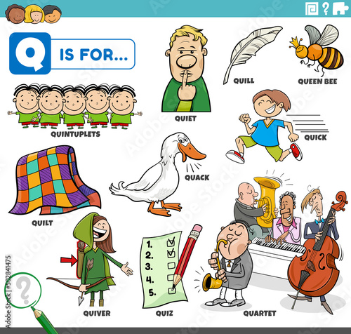 letter q words educational set with cartoon characters