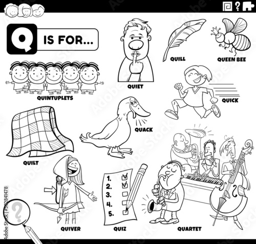 letter q words educational set coloring book page