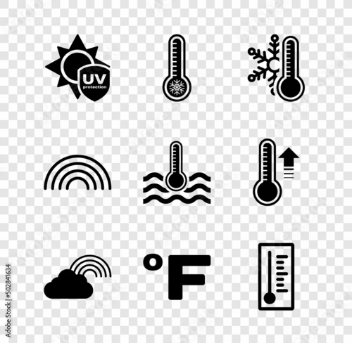 Set UV protection, Meteorology thermometer, Thermometer with snowflake, Rainbow cloud, Fahrenheit, and Water icon. Vector