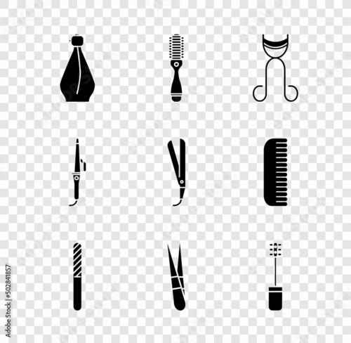 Set Perfume, Hairbrush, Eyelash curler, Nail file, Eyebrow tweezers, Mascara, Curling iron and icon. Vector