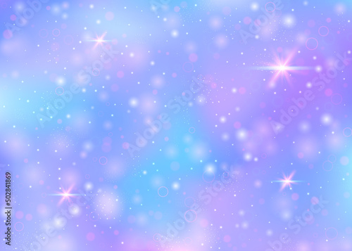 Hologram background with rainbow mesh. Liquid universe banner in princess colors. Fantasy gradient backdrop. Hologram unicorn background with fairy sparkles  stars and blurs.