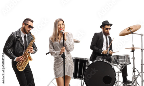 Music band of drummer, sax player and a female vocal