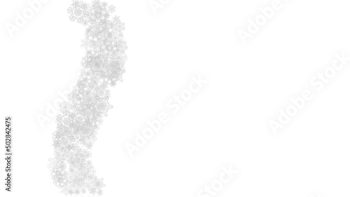 Snowflakes falling on white background. Horizontal Christmas and Happy New Year theme. Silver falling snowflakes for banner, gift card, party invitation, partner compliment and special business offers