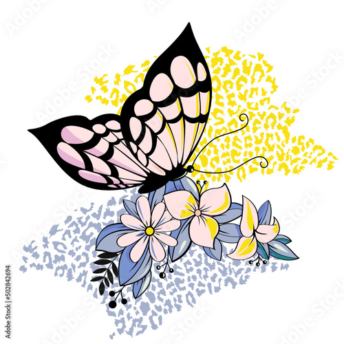 t-shirt design of a butterfly mixed with flowers. Vector illustration for posters.	
