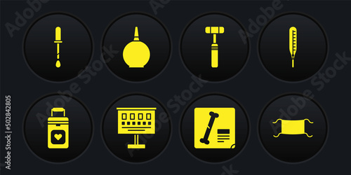 Set Organ container, Medical thermometer, Eye test chart, X-ray shots, Neurology reflex hammer, Enema, protective mask and Pipette icon. Vector