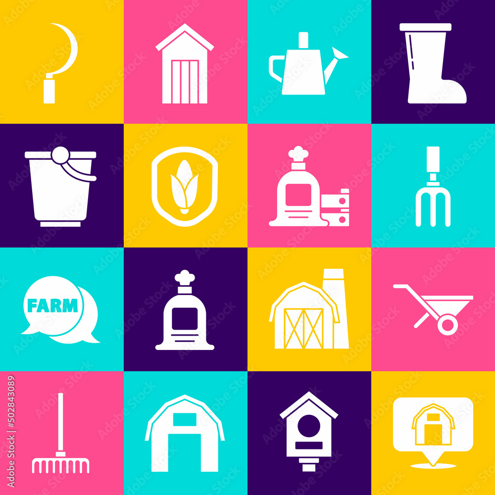 Set Location farm house, Wheelbarrow, Garden rake, Watering can, Shield corn, Bucket, Sickle and Full sack and wooden box icon. Vector Set Location farm house, Wheelbarrow, Garden rake, Watering can, Shield corn, Bucket, Sickle and Full sack and wooden box icon. Vector