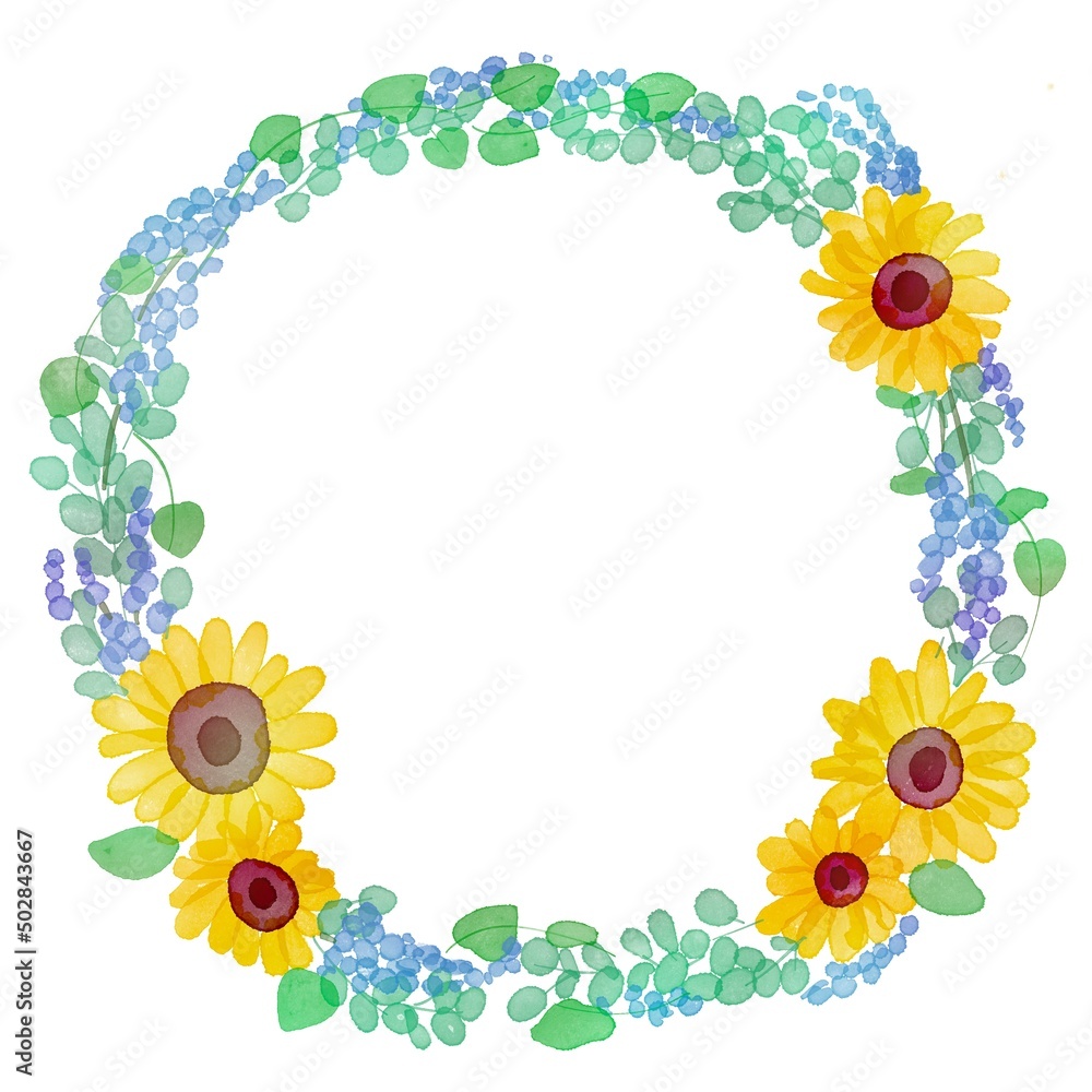 水彩画。ひまわりと草木のリースイラスト。水彩タッチの植物装飾リースフレーム。Watercolor painting. Wreath illustration of sunflowers and plants. Watercolor touch plant decoration wreath frame.