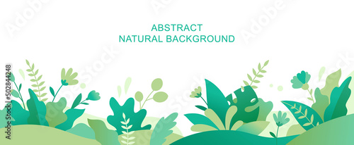 Vector abstract summer background with copy space for text. Horizontal template for websites, event invitations, greeting cards, advertising banners. Design with leaves and flowers in flat style.