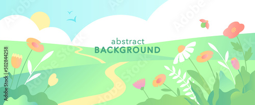 Vector abstract landscape with copy space for text. Horizontal template for websites, event invitations, advertising banners. Design with meadow flowers in flat style.