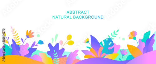 Vector abstract summer background with copy space for text. Horizontal template for websites  event invitations  greeting cards  advertising banners. Design with leaves and flowers in flat style.