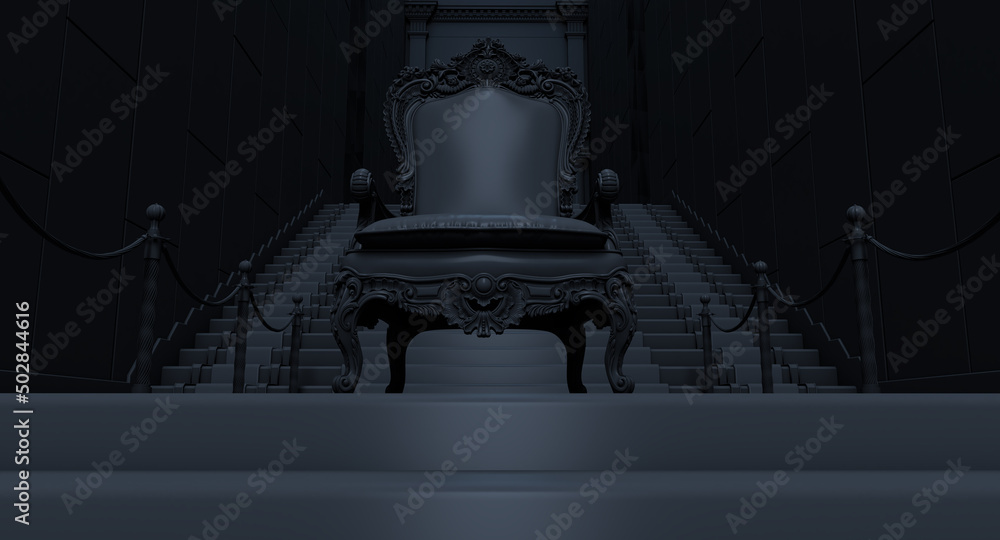 Throne of the kings, VIP throne, black royal throne, black armchair  on a black stairway, 3d render