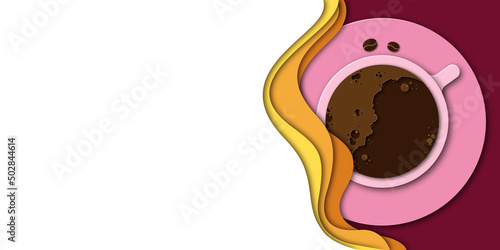 Yellow waves and coffee cup in paper cut style. Bright background with place for your text. Vector flyer