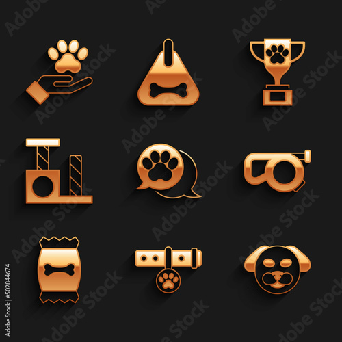 Set Paw print, Collar with name tag, Dog, Retractable cord leash, Bag of food for pet, Cat scratching post, Pet award and Hands animals footprint icon. Vector