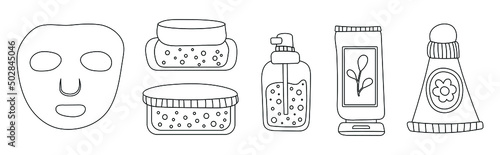  A set of bottles and tubes of cosmetics, jars for skin care with face, hair and body cream. Trendy style for postcard, banner, wrapping paper template. Vector illustration editable stroke.