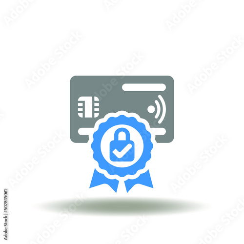 Vector illustration of banking, debit, credit card with stamp, lock and check mark. Icon of PCI DSS Payment Card Industry Data Security Standard. Symbol of financial banking standards compliance.