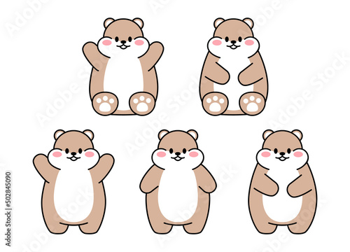 Set of cute drawn hamsters. Kawaii hamster in different poses. Collection of avatars mascots funny character animal stickers isolated on white background. Vector stock illustration
