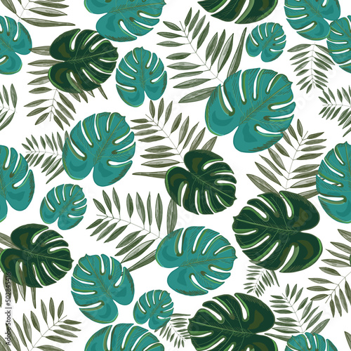 Tropical leaves seamless fabric design pattern. Hand drawn monstera leaves. Decorative beautiful green illustration wallpaper