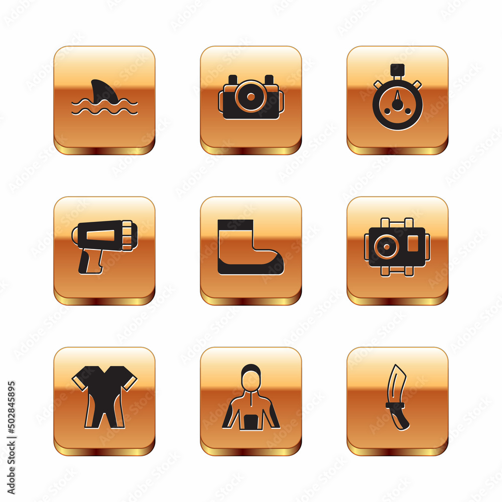 Set Shark, Wetsuit for scuba diving, Boots, Flashlight diver, Stopwatch, Diving knife and Photo camera icon. Vector Set Shark, Wetsuit for scuba diving, Boots, Flashlight diver, Stopwatch, Diving knife and Photo camera icon. Vector