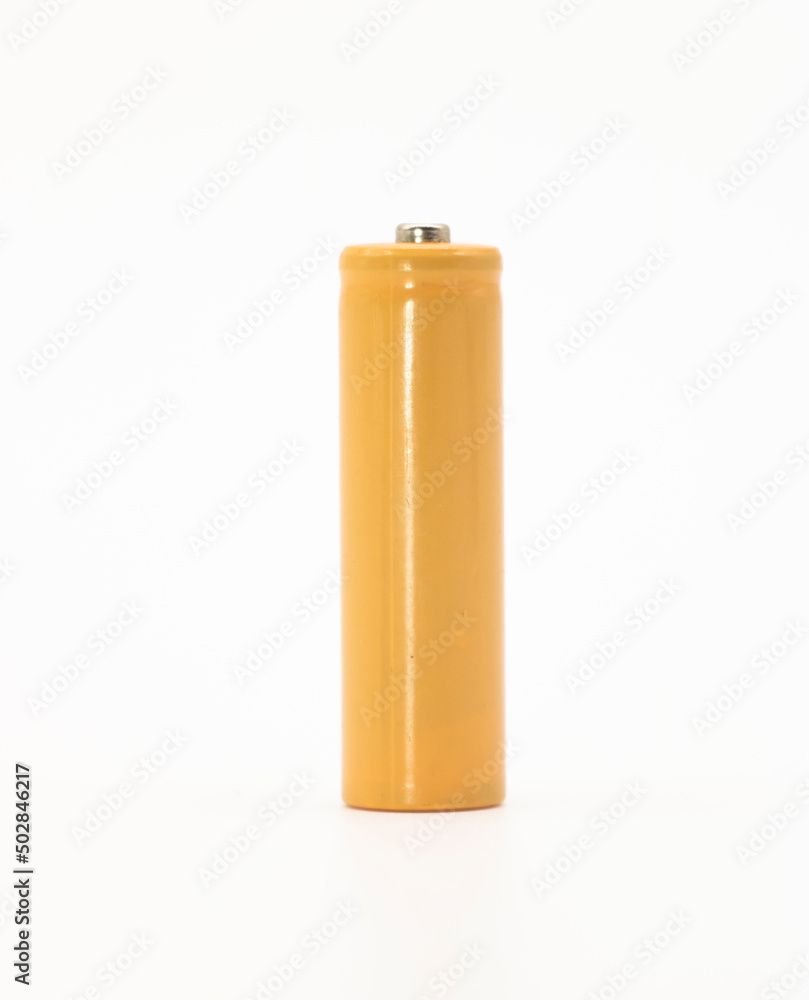 yellow AA size batteries isolated on white backgraound, close up yellow AA size batteries isolated on white backgraound, close up