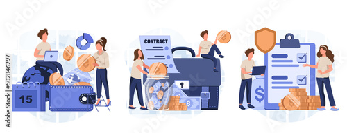 Employee benefits package concept set. Compensation supplementing employee's salary. Worker advantages: overtime, medical insurance, vacation and retirement benefits. Flat vector illustration