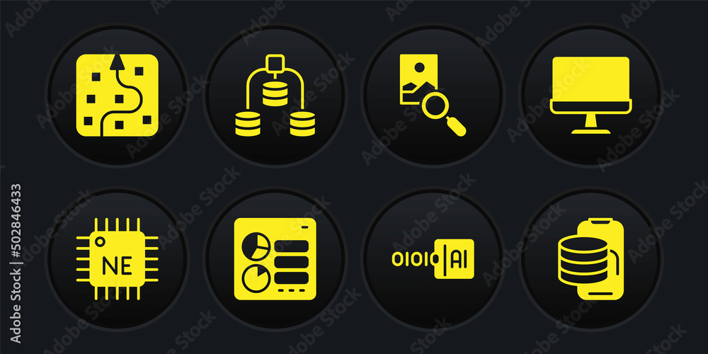 Set Processor CPU, Computer monitor, api interface, Binary code, Photo retouching, Server, Data, Cloud technology data transfer and Neural network icon. Vector Set Processor CPU, Computer monitor, api interface, Binary code, Photo retouching, Server, Data, Cloud technology data transfer and Neural network icon. Vector