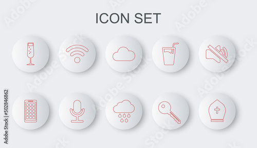 Set line Pope hat, Mobile Apps, Cloud, Key, Glass of champagne, Wi-Fi wireless network, Microphone and with rain icon. Vector