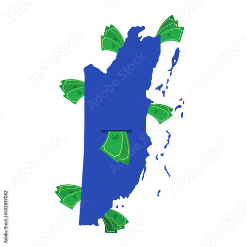 Belize map in blue with money bills around. Money leaving the center of the country. Economy of Belizean country. White background. Isolated.